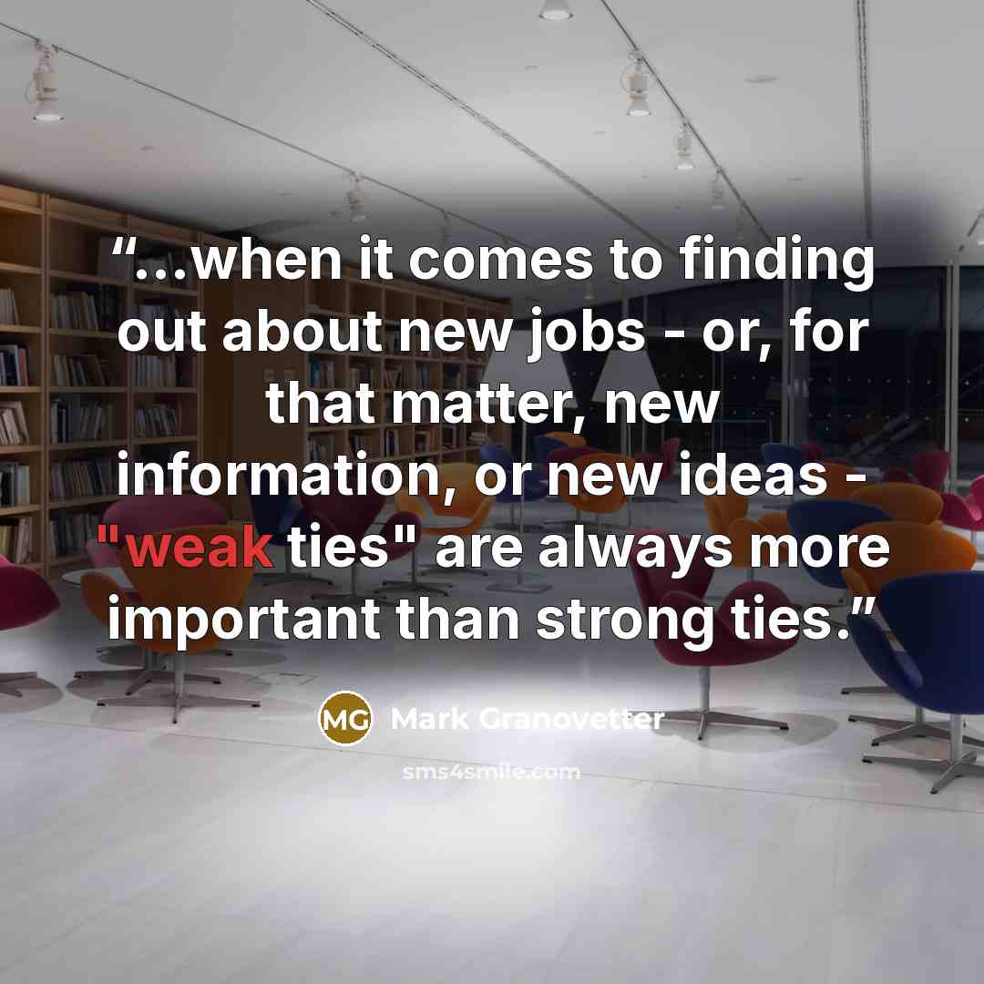 “…when it comes to finding out about new jobs - or, for that matter, new information, or new ideas - "weak ties" are always more important than strong ties.” quote by Mark Granovetter