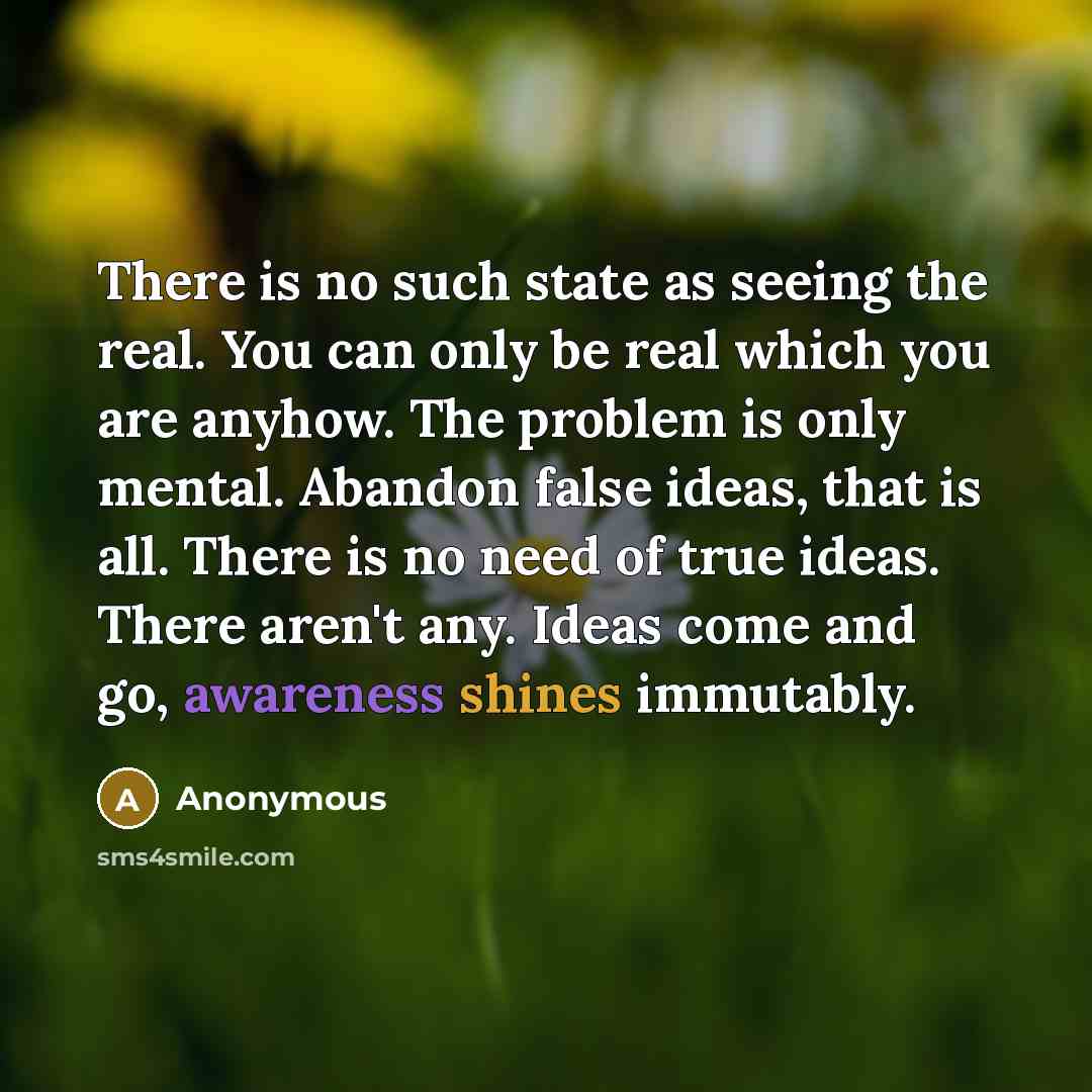 “There is no such state as seeing the real. You can only be real which you are anyhow. The problem is only mental. Abandon false ideas, that is all. There is no need of true ideas. There aren't any. Ideas come and go, awareness shines immutably.” quote by Anonymous