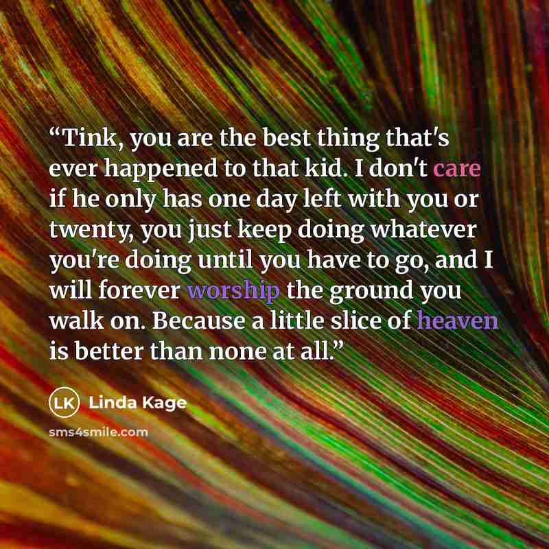“Tink, you are the best thing that's ever happened to that kid. I don't care if he only has one day left with you or twenty, you just keep doing whatever you're doing until you have to go, and I will forever worship the ground you walk on. Because a little slice of heaven is better than none at all.” quote by Linda Kage