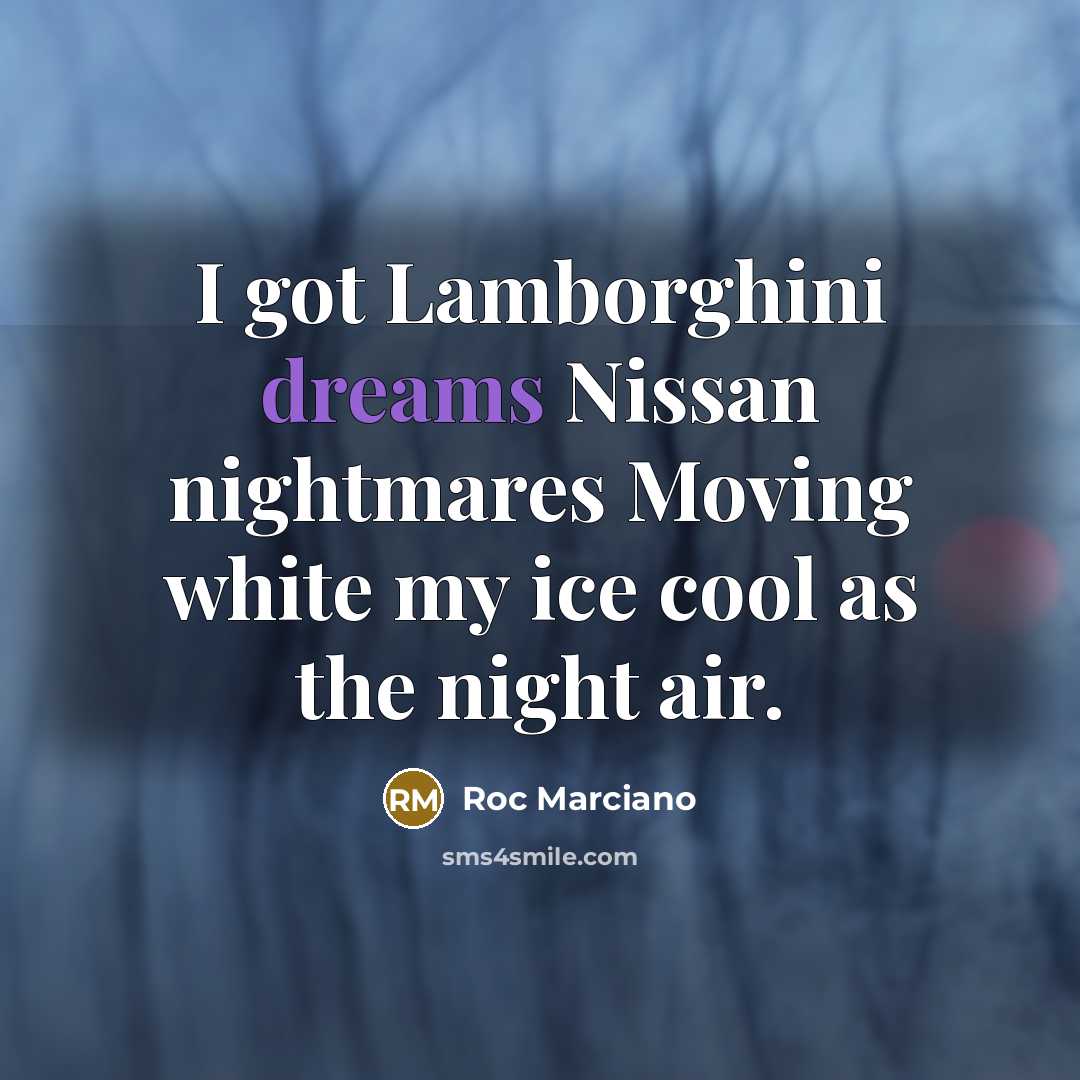 “I got Lamborghini dreams Nissan nightmares Moving white my ice…” quote by Roc Marciano