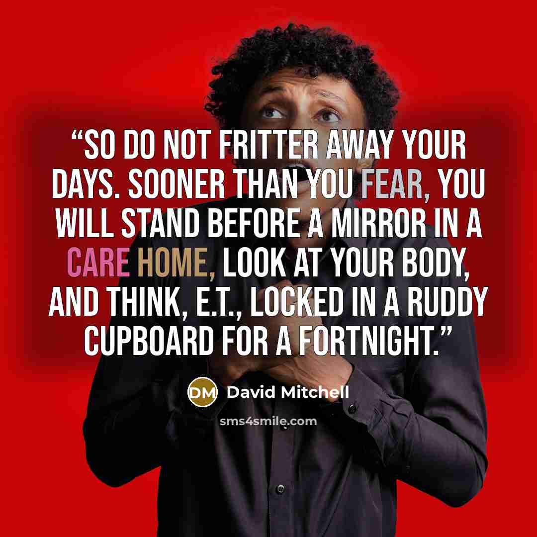 “So do not fritter away your days. Sooner than you fear, you will stand before a mirror in a care home, look at your body, and think, E.T., locked in a ruddy cupboard for a fortnight.” quote by David Mitchell