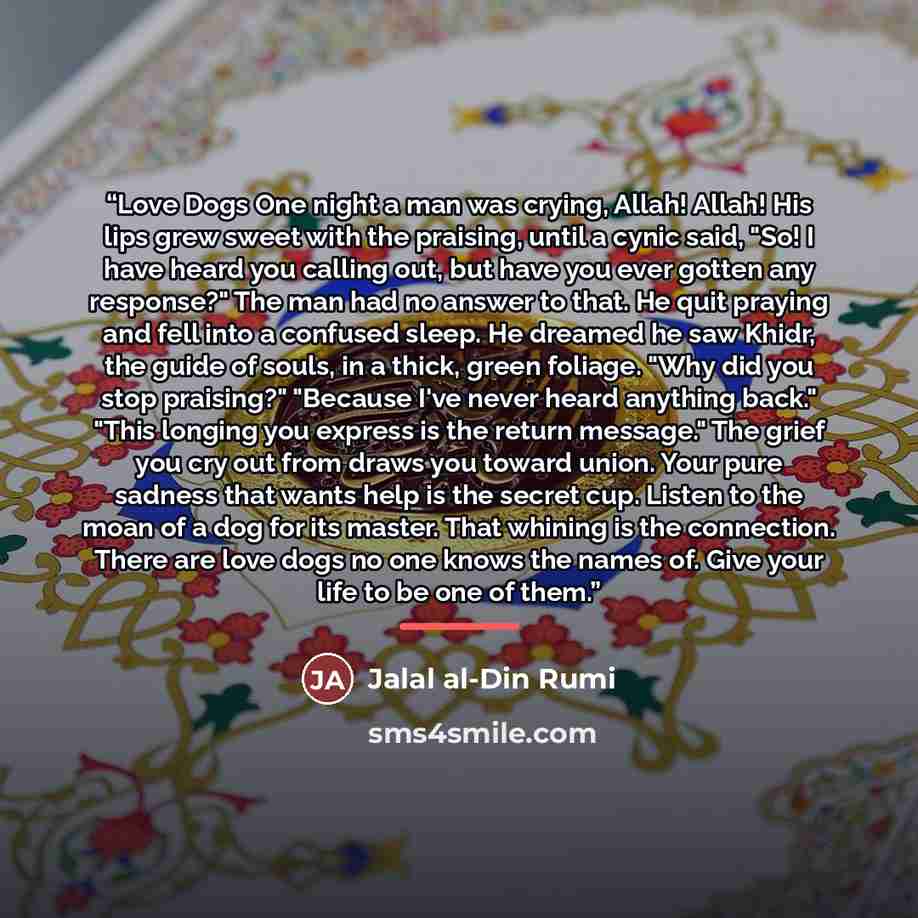 “Love Dogs One night a man was crying, Allah! Allah! His lips grew sweet with the praising, until a cynic said, "So! I have heard you calling out, but have you ever gotten any response?" The man had no answer to that. He quit praying and fell into a confused sleep. He dreamed he saw Khidr, the…” quote by Jalal Al-Din Rumi