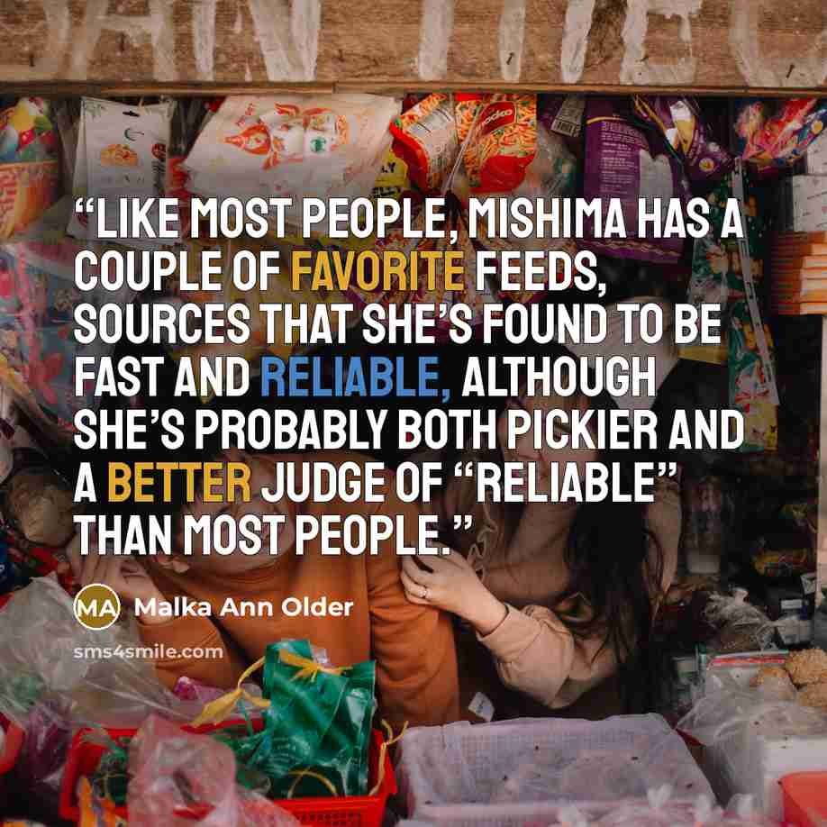 “Like most people, Mishima has a couple of favorite feeds, sources that she’s found to be fast and reliable, although she’s probably both pickier and a better judge of “reliable” than most people.” quote by Malka Ann Older