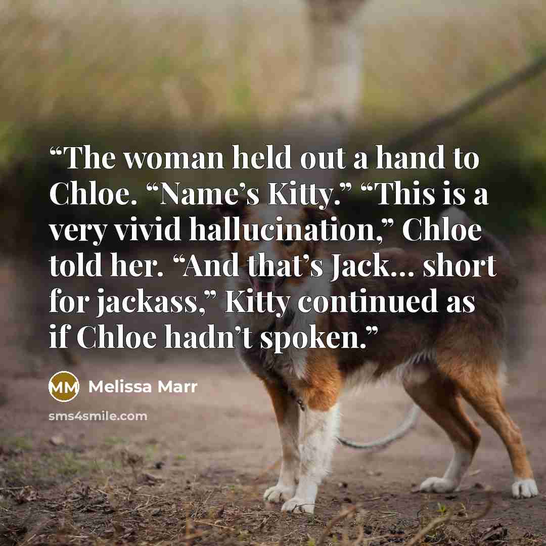 “The woman held out a hand to Chloe. “Name’s Kitty.” “This is a very vivid hallucination,” Chloe told her. “And that’s Jack… short for jackass,” Kitty continued as if Chloe hadn’t spoken.” quote by Melissa Marr