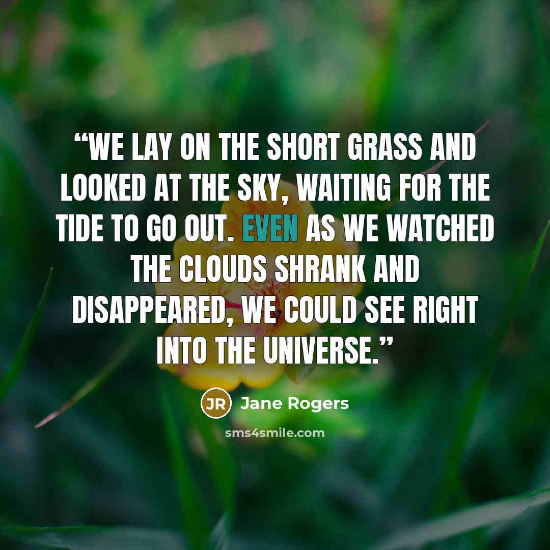 “We lay on the short grass and looked at the sky, waiting for the tide to go out. Even as we watched the clouds shrank and disappeared, we could see right into the universe.” quote by Jane Rogers