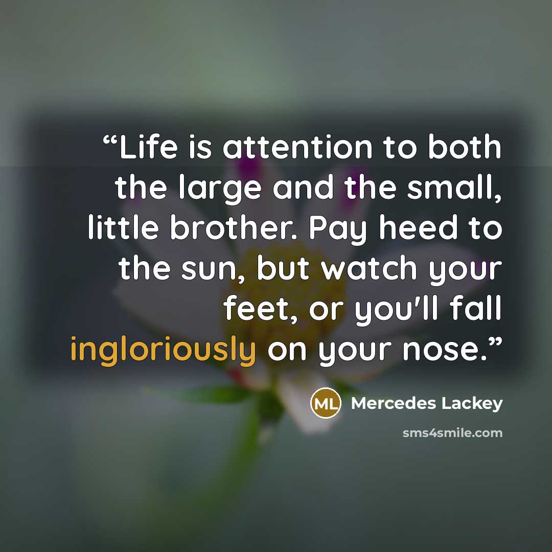 “Life is attention to both the large and the small, little brother. Pay heed to the sun, but watch your feet, or you'll fall ingloriously on your nose.” quote by Mercedes Lackey