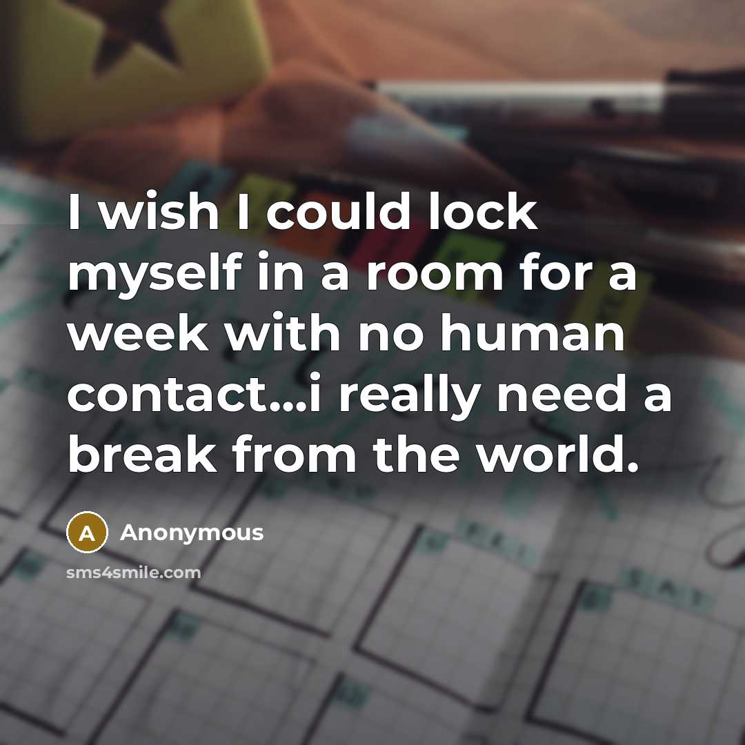 “I wish I could lock myself in a room for a week with no human contact...i really need a break from the world.” quote by Anonymous