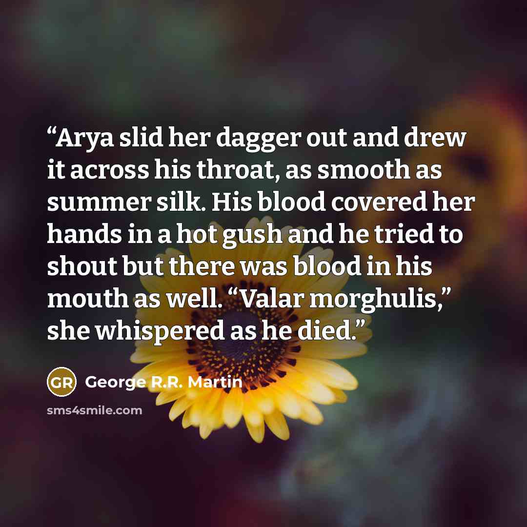 “Arya slid her dagger out and drew it across his throat, as smooth as summer silk. His blood covered her hands in a hot gush and he tried to shout but there was blood in his mouth as well. “Valar morghulis,” she whispered as he died.” quote by George R.R. Martin