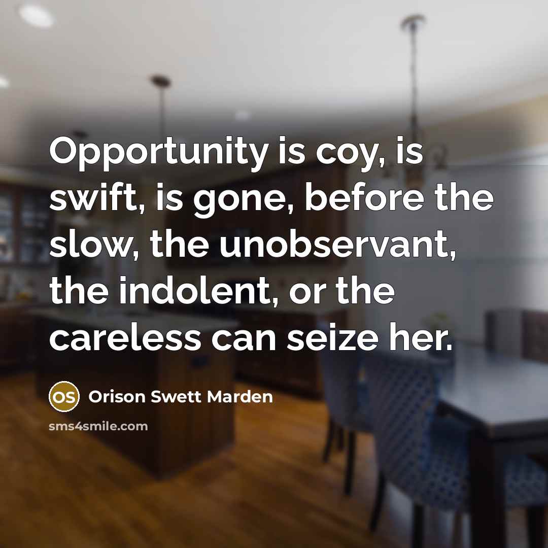 “Opportunity is coy, is swift, is gone, before the slow,…” quote by Orison Swett Marden