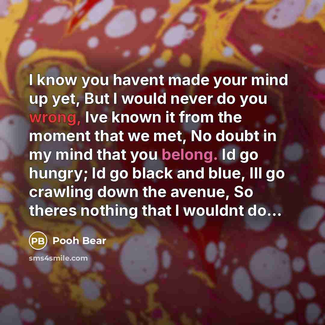 “I know you havent made your mind up yet, But I would never do you wrong, Ive known it from the moment that we met, No doubt in my mind that you belong. Id go hungry; Id go black and blue, Ill go crawling down the avenue, So theres nothing that I wouldnt do...” quote by PoOH BeAr