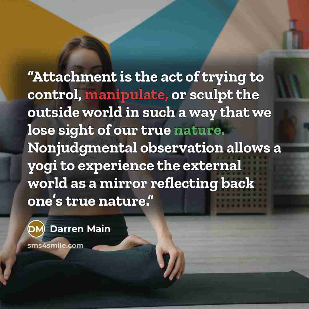 “Attachment is the act of trying to control, manipulate, or sculpt the outside world in such a way that we lose sight of our true nature. Nonjudgmental observation allows a yogi to experience the external world as a mirror reflecting back one’s true nature.” quote by Darren Main
