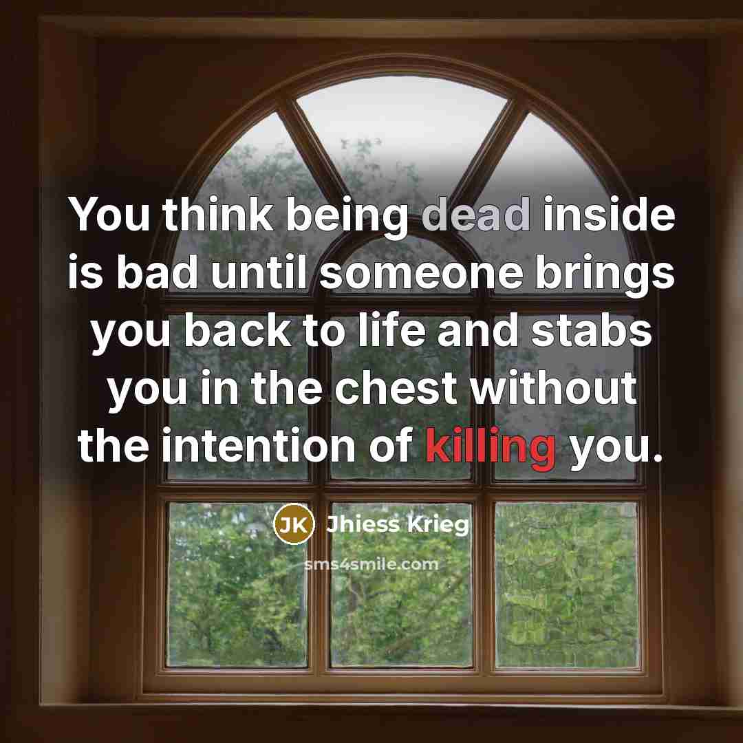 “You think being dead inside is bad until someone brings you back to life and stabs you in the chest without the intention of killing you.” quote by Jhiess Krieg