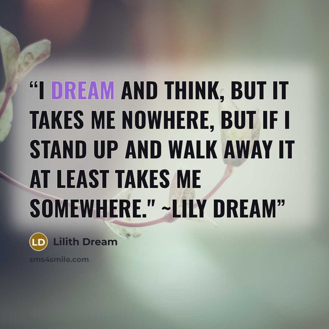 “I dream and think, but it takes me nowhere, but if I stand up and walk away it at least takes me somewhere." ~Lily Dream” quote by Lilith Dream