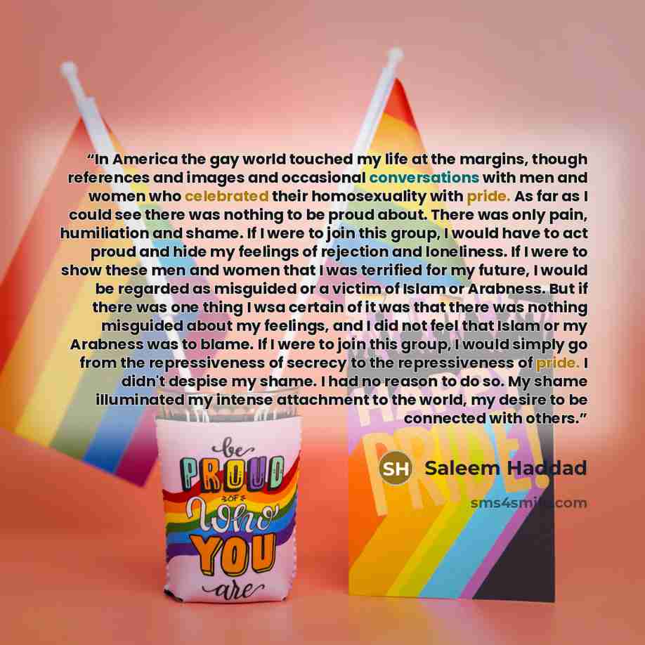 “In America the gay world touched my life at the margins, though references and images and occasional conversations with men and women who celebrated their homosexuality with pride. As far as I could see there was nothing to be proud about. There was only pain, humiliation and shame. If I were to…” quote by Saleem Haddad