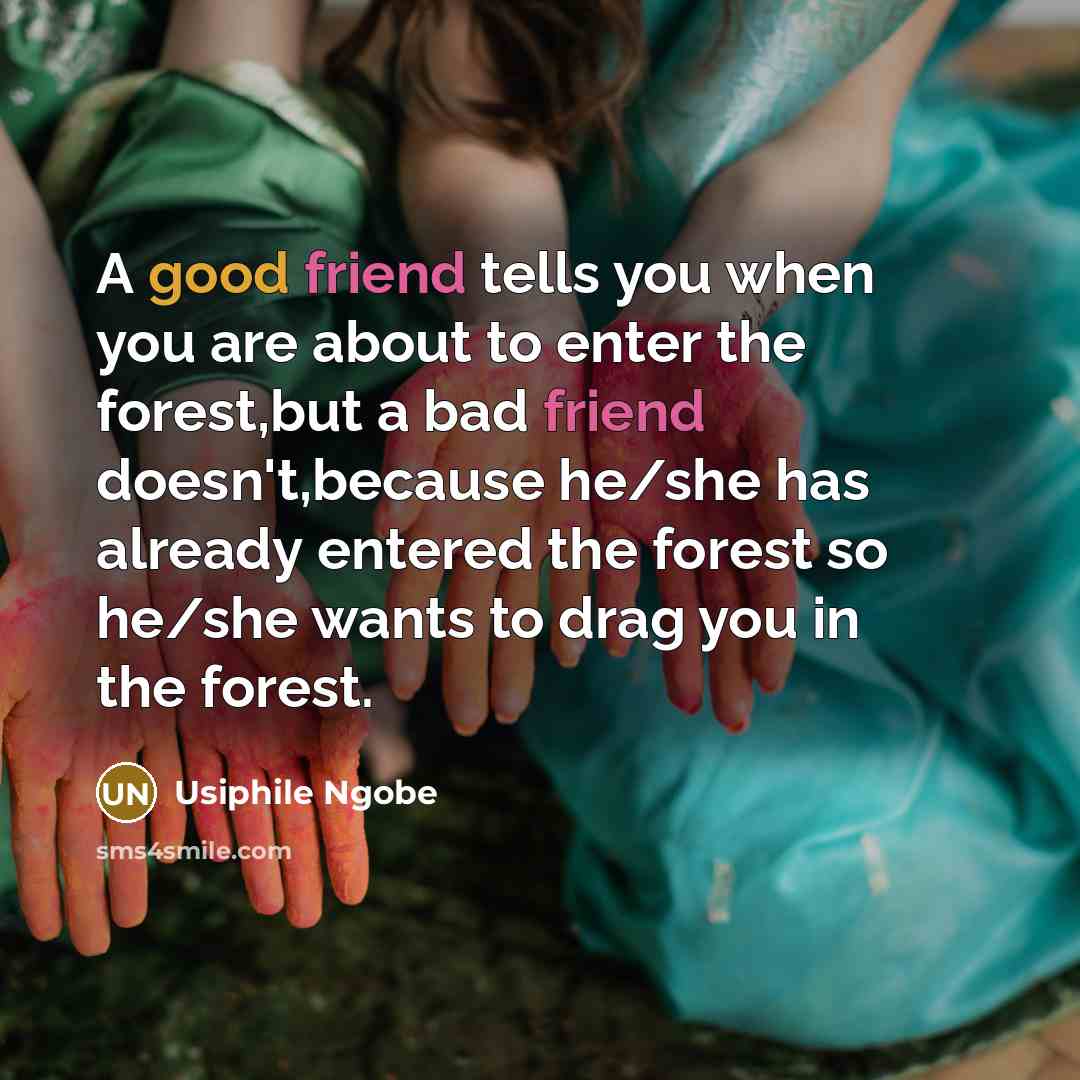 “A good friend tells you when you are about to enter the forest,but a bad friend doesn't,because he/she has already entered the forest so he/she wants to drag you in the forest.” quote by Usiphile Ngobe