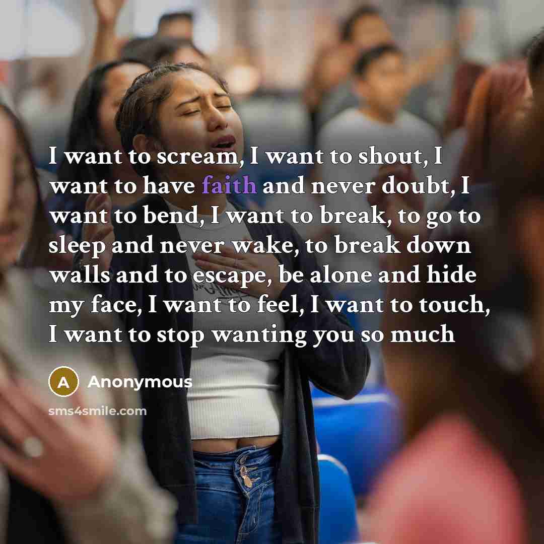 “I want to scream, I want to shout, I want to have faith and never doubt, I want to bend, I want to break, to go to sleep and never wake, to break down walls and to escape, be alone and hide my face, I want to feel, I want to touch, I want to stop wanting you so much” quote by Anonymous
