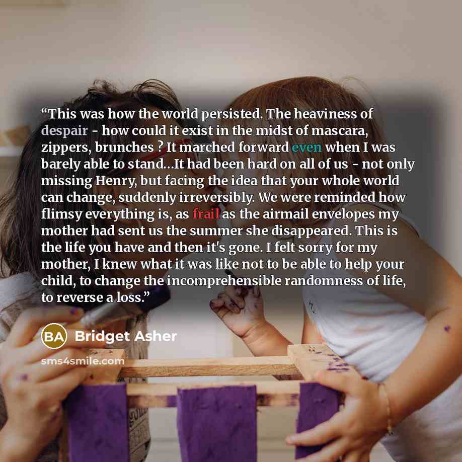 “This was how the world persisted. The heaviness of despair - how could it exist in the midst of mascara, zippers, brunches ? It marched forward even when I was barely able to stand…It had been hard on all of us - not only missing Henry, but facing the idea that your whole world can change…” quote by Bridget Asher