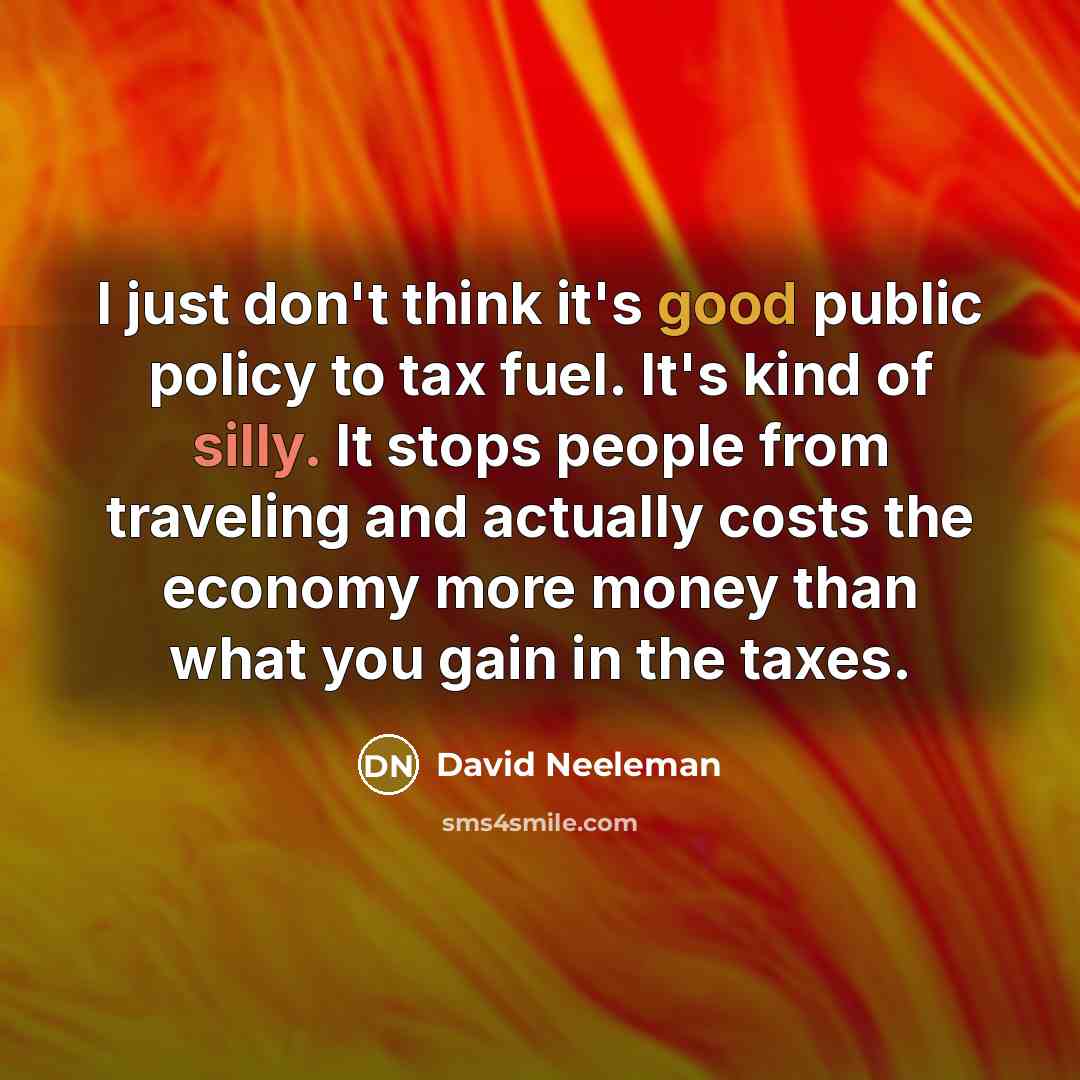 “I just don't think it's good public policy to tax fuel. It's kind of silly. It stops people from traveling and actually costs the economy more money than what you gain in the taxes.” quote by David Neeleman