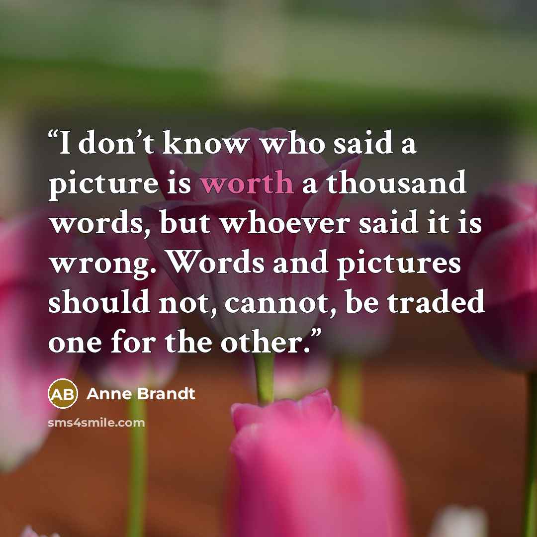 “I don’t know who said a picture is worth a thousand words, but whoever said it is wrong. Words and pictures should not, cannot, be traded one for the other.” quote by Anne Brandt