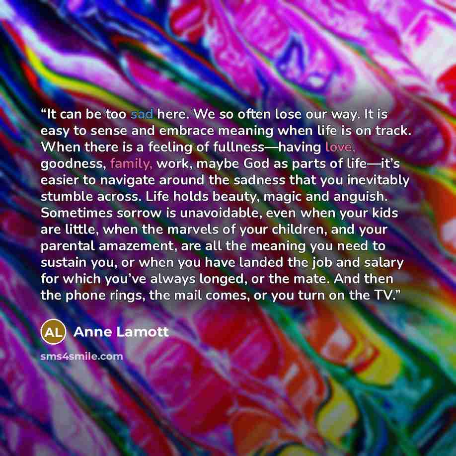 “It can be too sad here. We so often lose our way. It is easy to sense and embrace meaning when life is on track. When there is a feeling of fullness—having love, goodness, family, work, maybe God as parts of life—it’s easier to navigate around the sadness that you inevitably stumble across. Life…” quote by Anne Lamott