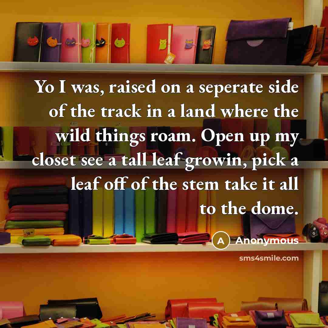 “Yo I was, raised on a seperate side of the track in a land where the wild things roam. Open up my closet see a tall leaf growin, pick a leaf off of the stem take it all to the dome.” quote by Anonymous