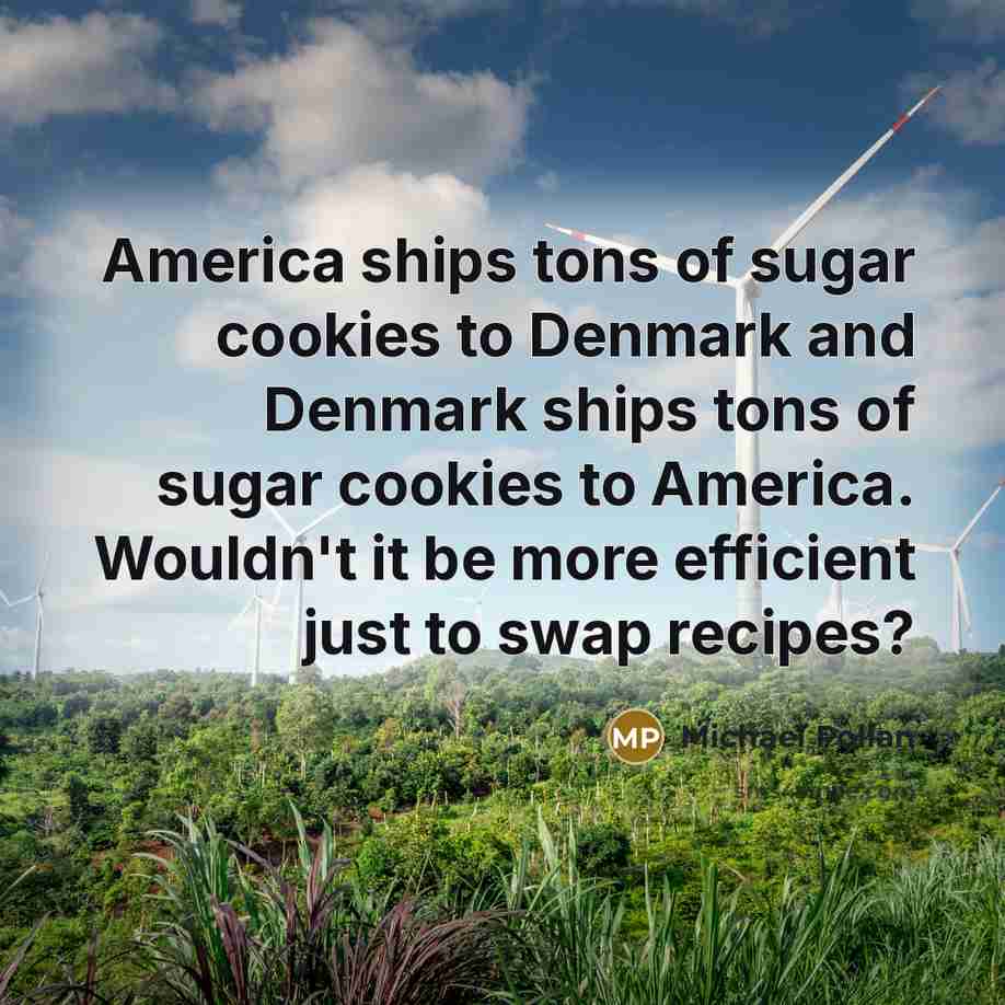 “America ships tons of sugar cookies to Denmark and Denmark…” quote by Michael Pollan