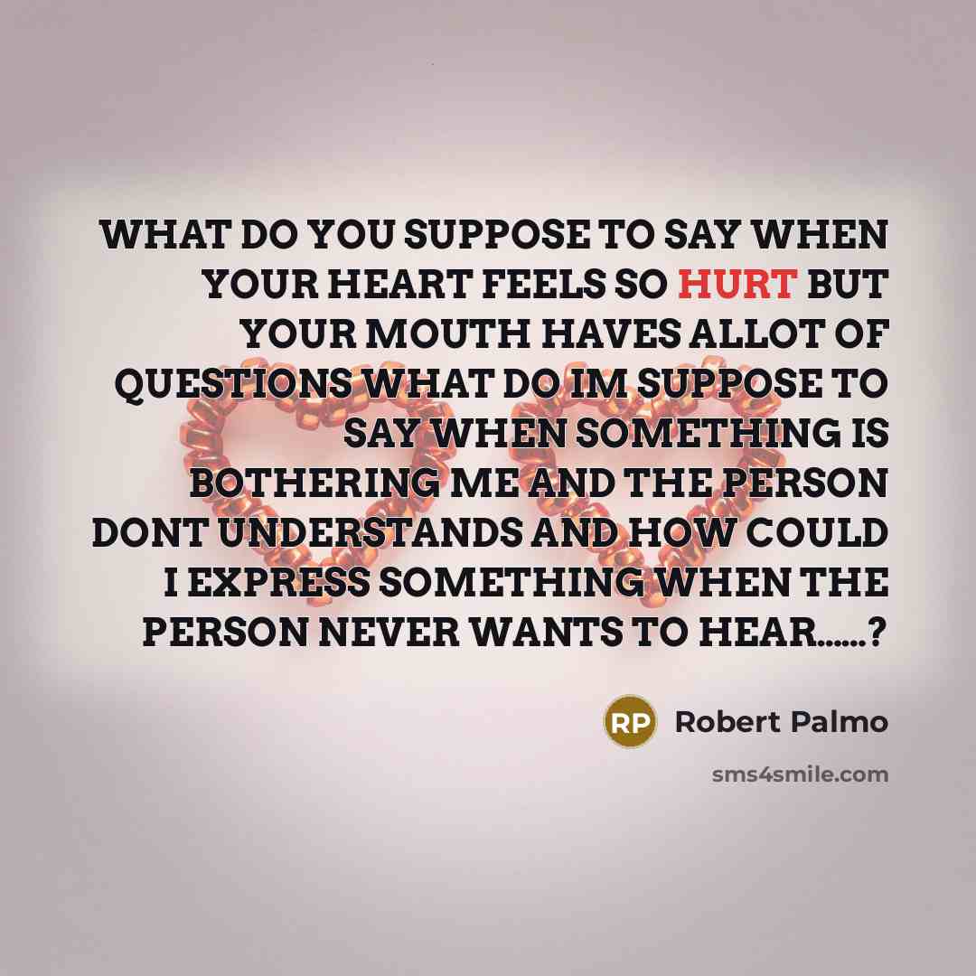 “WHAT DO YOU SUPPOSE TO SAY WHEN YOUR HEART FEELS SO HURT BUT YOUR MOUTH HAVES ALLOT OF QUESTIONS WHAT DO IM SUPPOSE TO SAY WHEN SOMETHING IS BOTHERING ME AND THE PERSON DONT UNDERSTANDS AND HOW COULD I EXPRESS SOMETHING WHEN THE PERSON NEVER WANTS TO HEAR……?” quote by ROBERT PALMO