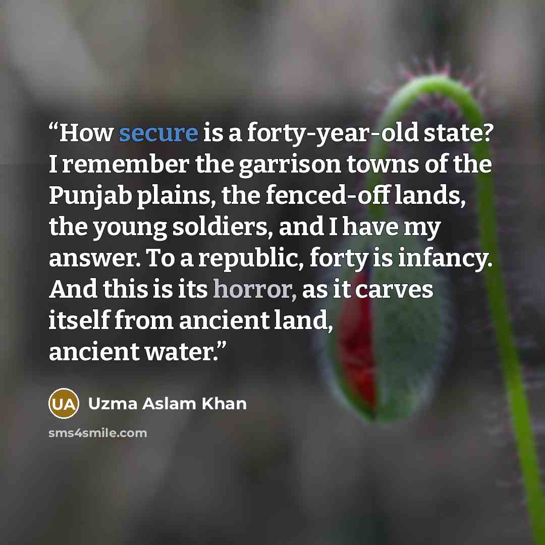 “How secure is a forty-year-old state? I remember the garrison towns of the Punjab plains, the fenced-off lands, the young soldiers, and I have my answer. To a republic, forty is infancy. And this is its horror, as it carves itself from ancient land, ancient water.” quote by Uzma Aslam Khan