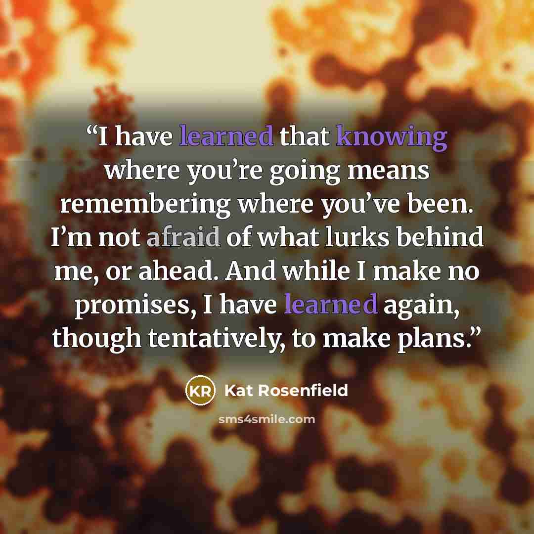 “I have learned that knowing where you’re going means remembering where you’ve been. I’m not afraid of what lurks behind me, or ahead. And while I make no promises, I have learned again, though tentatively, to make plans.” quote by Kat Rosenfield