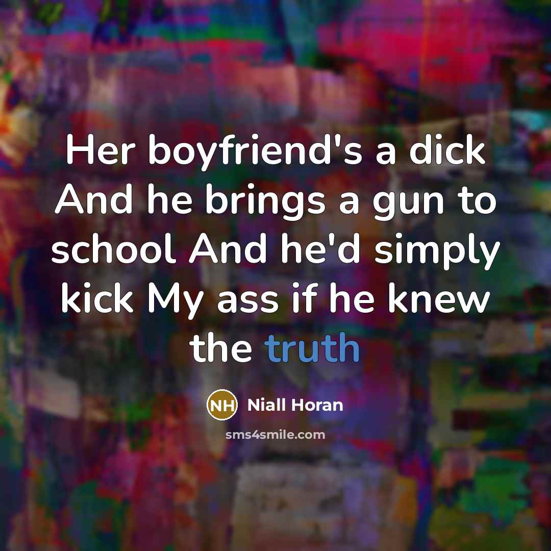 “Her boyfriend's a dick And he brings a gun to school And he'd simply kick My ass if he knew the truth” quote by Niall Horan