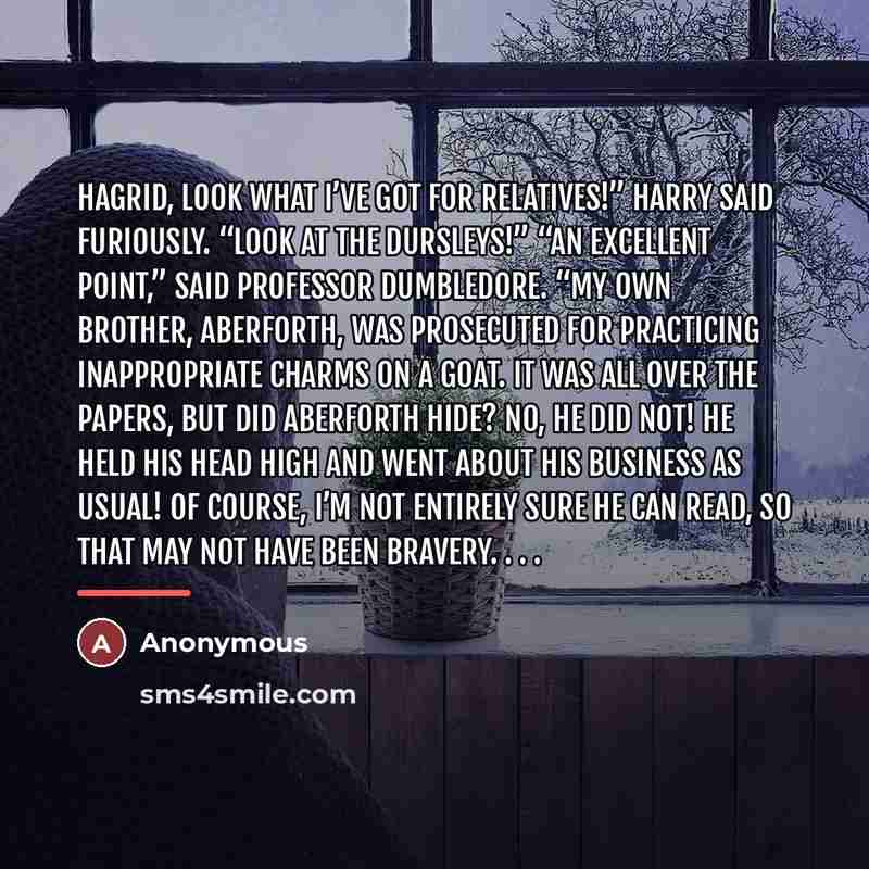 “Hagrid, look what I’ve got for relatives!” Harry said furiously.…” quote by Anonymous