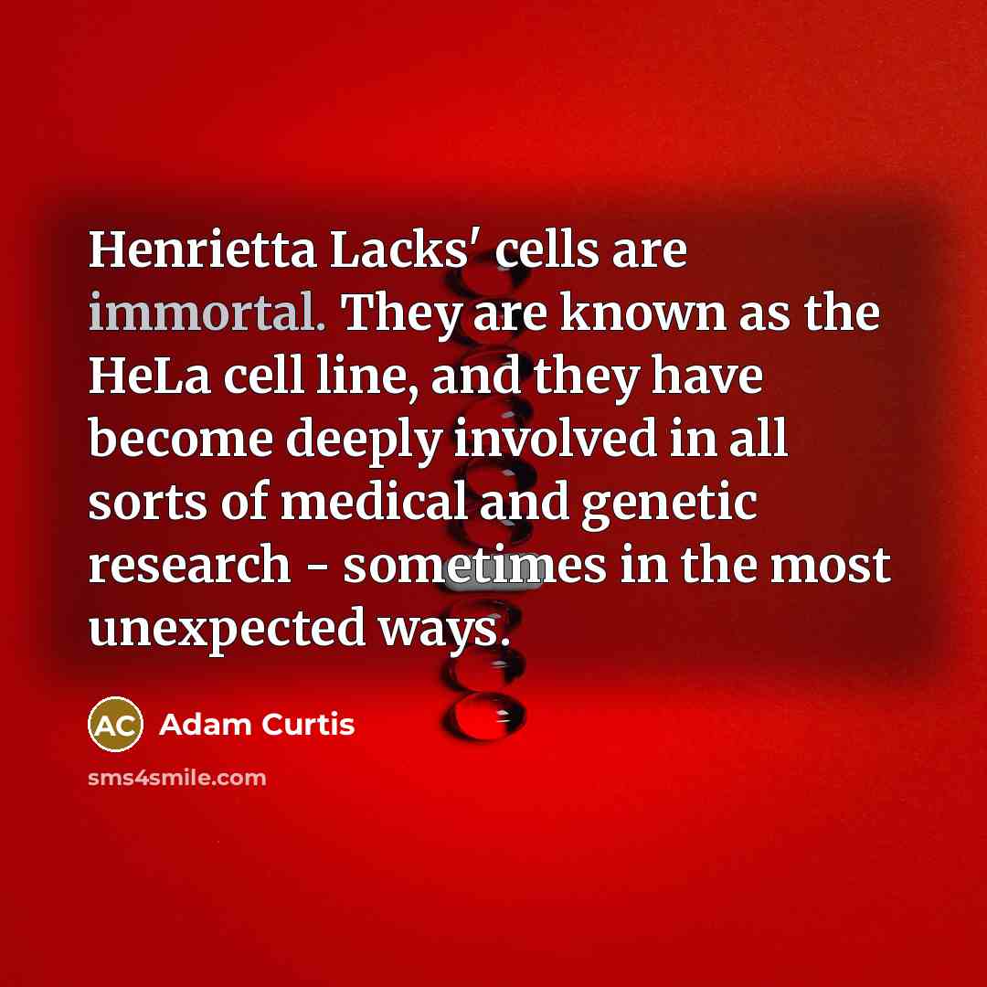 “Henrietta Lacks' cells are immortal. They are known as the HeLa cell line, and they have become deeply involved in all sorts of medical and genetic research - sometimes in the most unexpected ways.” quote by Adam Curtis