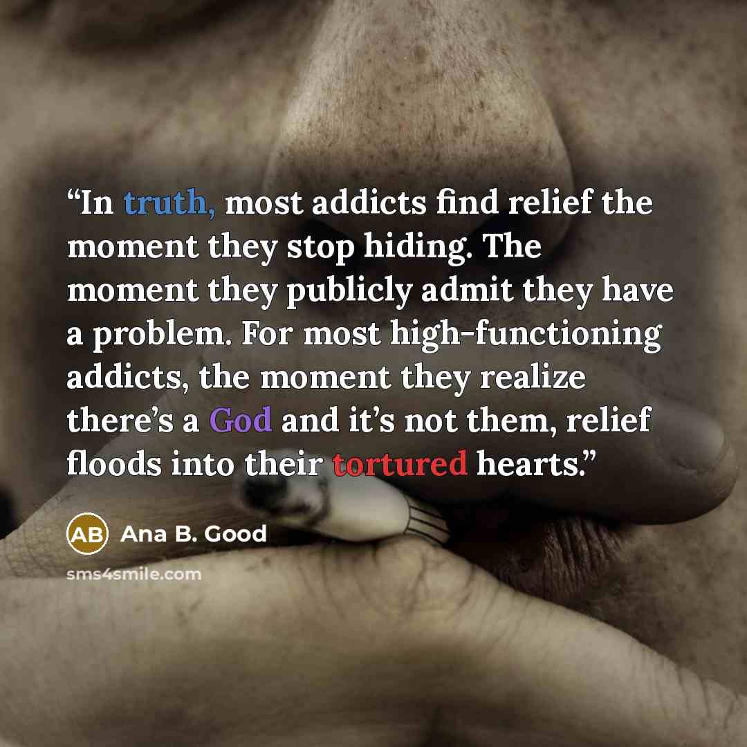 “In truth, most addicts find relief the moment they stop hiding. The moment they publicly admit they have a problem. For most high-functioning addicts, the moment they realize there’s a God and it’s not them, relief floods into their tortured hearts.” quote by Ana B. Good
