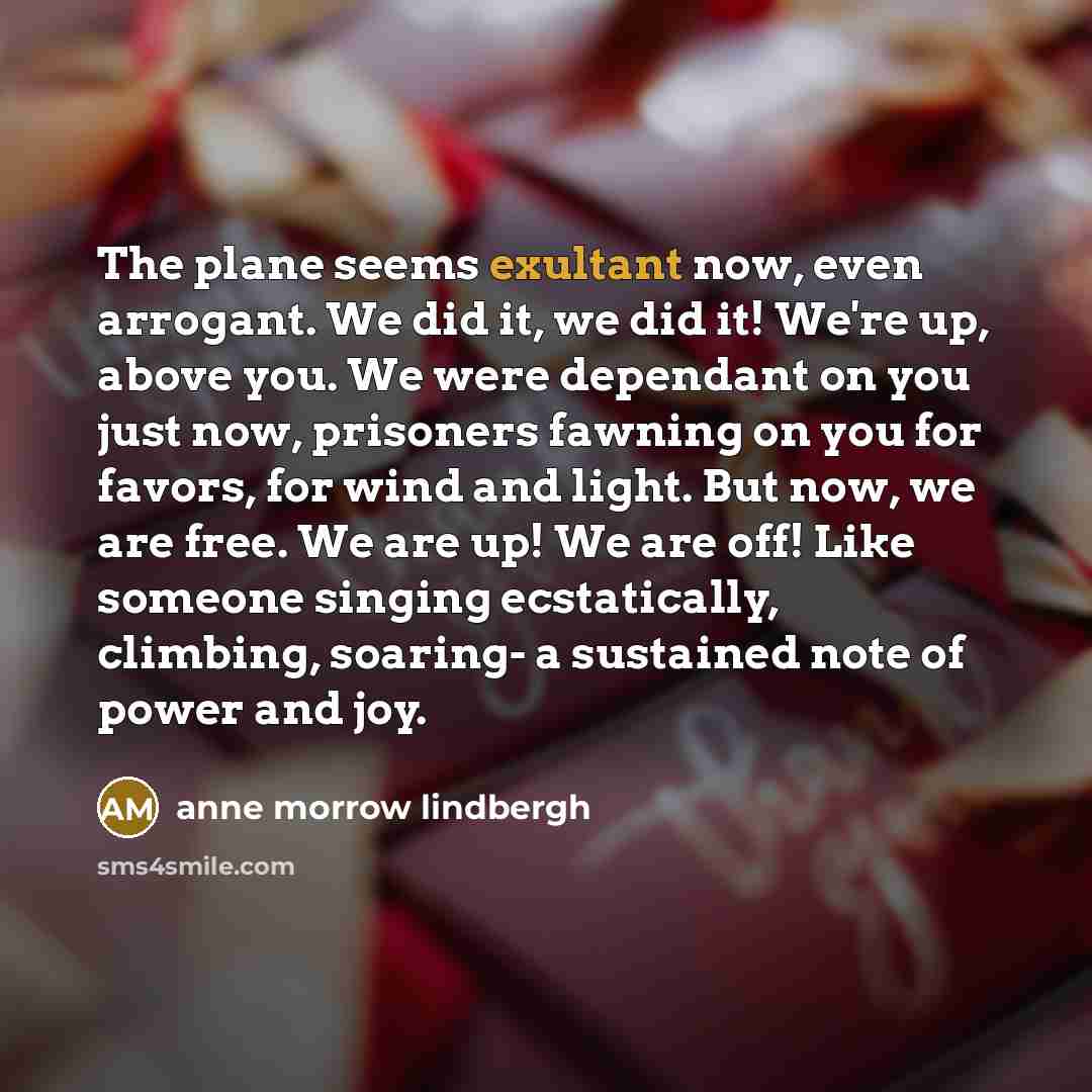 “The plane seems exultant now, even arrogant. We did it,…” quote by Anne Morrow Lindbergh
