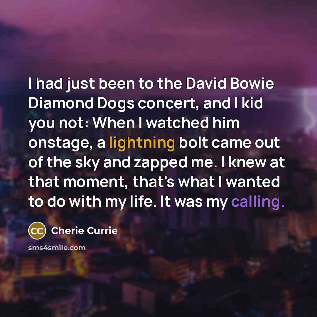 “I had just been to the David Bowie Diamond Dogs concert, and I kid you not: When I watched him onstage, a lightning bolt came out of the sky and zapped me. I knew at that moment, that's what I wanted to do with my life. It was my calling.” quote by Cherie Currie
