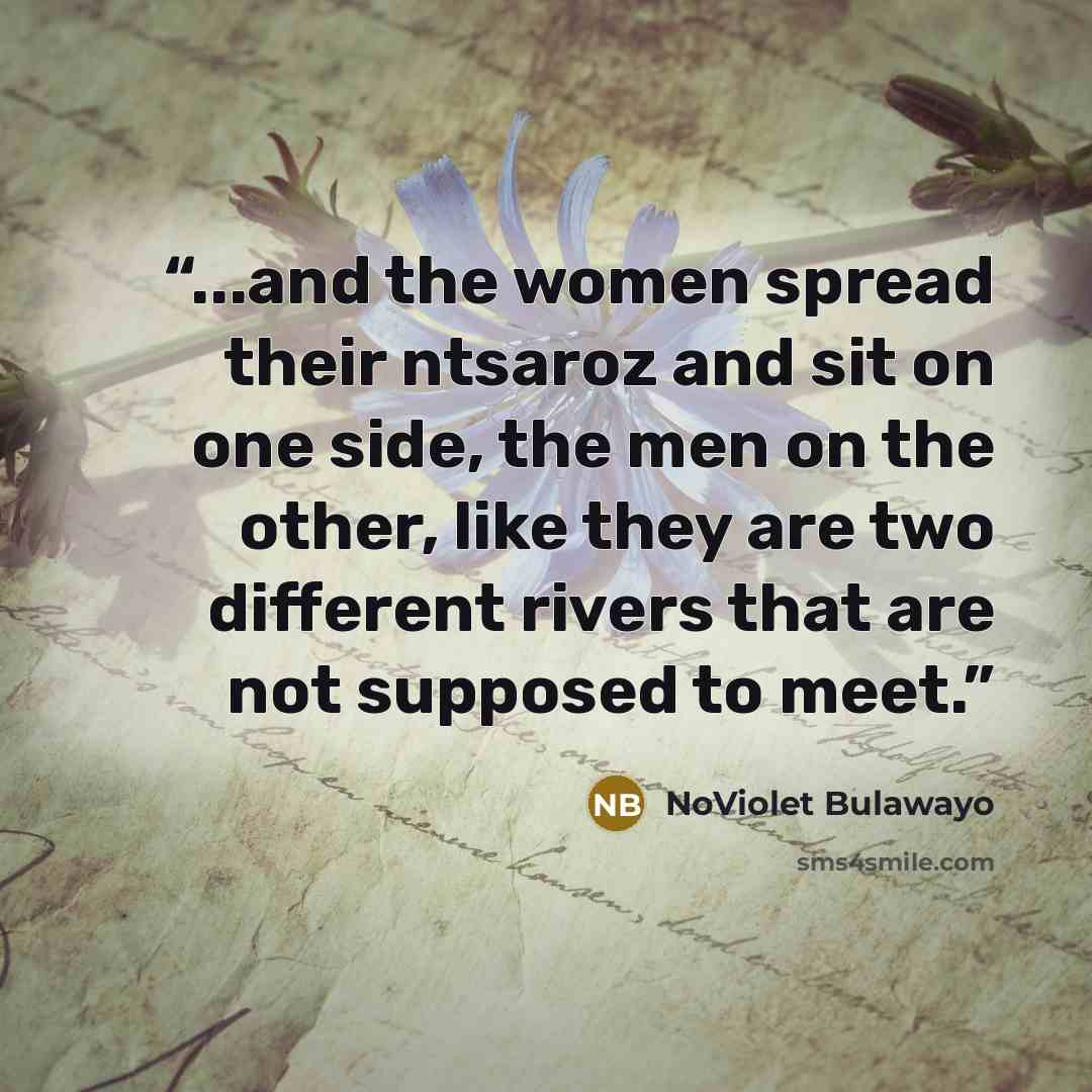 “...and the women spread their ntsaroz and sit on one side, the men on the other, like they are two different rivers that are not supposed to meet.” quote by NoViolet Bulawayo