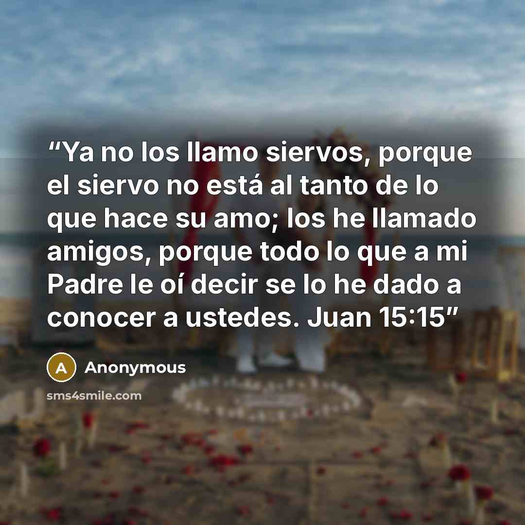 “Ya no los llamo siervos, porque el siervo no está al tanto de lo que hace su amo; los he llamado amigos, porque todo lo que a mi Padre le oí decir se lo he dado a conocer a ustedes. Juan 15:15” quote by Anonymous