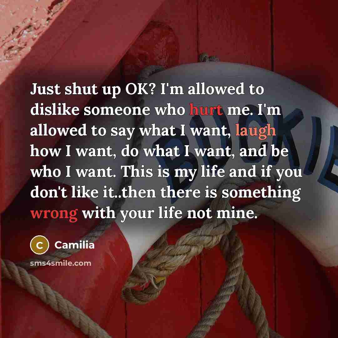 “Just shut up OK? I'm allowed to dislike someone who hurt me. I'm allowed to say what I want, laugh how I want, do what I want, and be who I want. This is my life and if you don't like it..then there is something wrong with your life not mine.” quote by Camilia