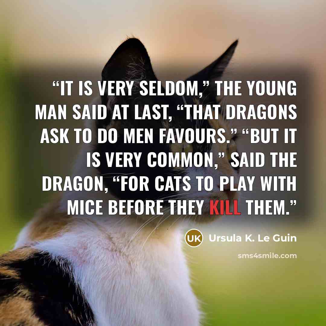“It is very seldom,” the young man said at last, “that dragons ask to do men favours.” “But it is very common,” said the dragon, “for cats to play with mice before they kill them.” quote by Ursula K. Le Guin