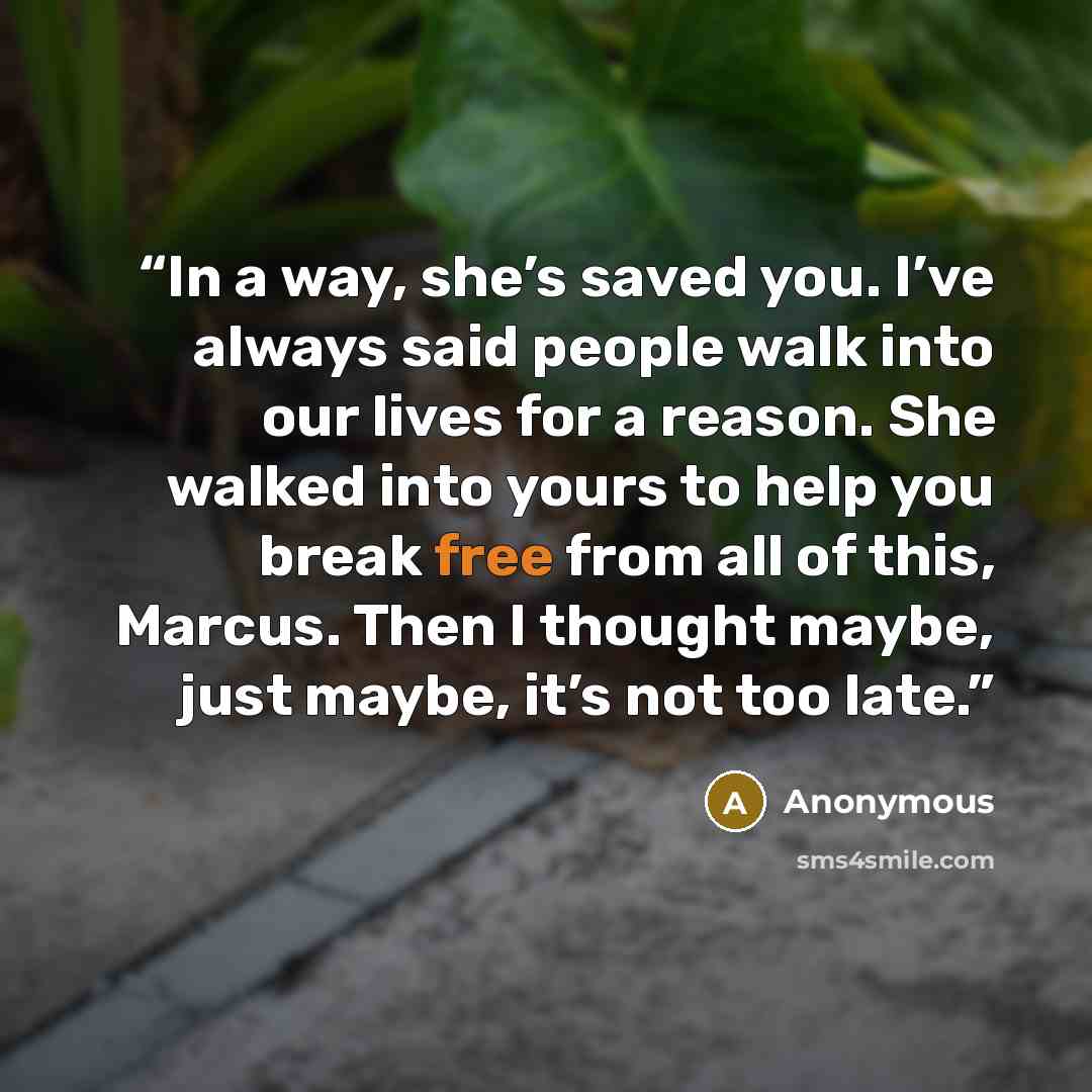 “In a way, she’s saved you. I’ve always said people walk into our lives for a reason. She walked into yours to help you break free from all of this, Marcus. Then I thought maybe, just maybe, it’s not too late.” quote by Anonymous