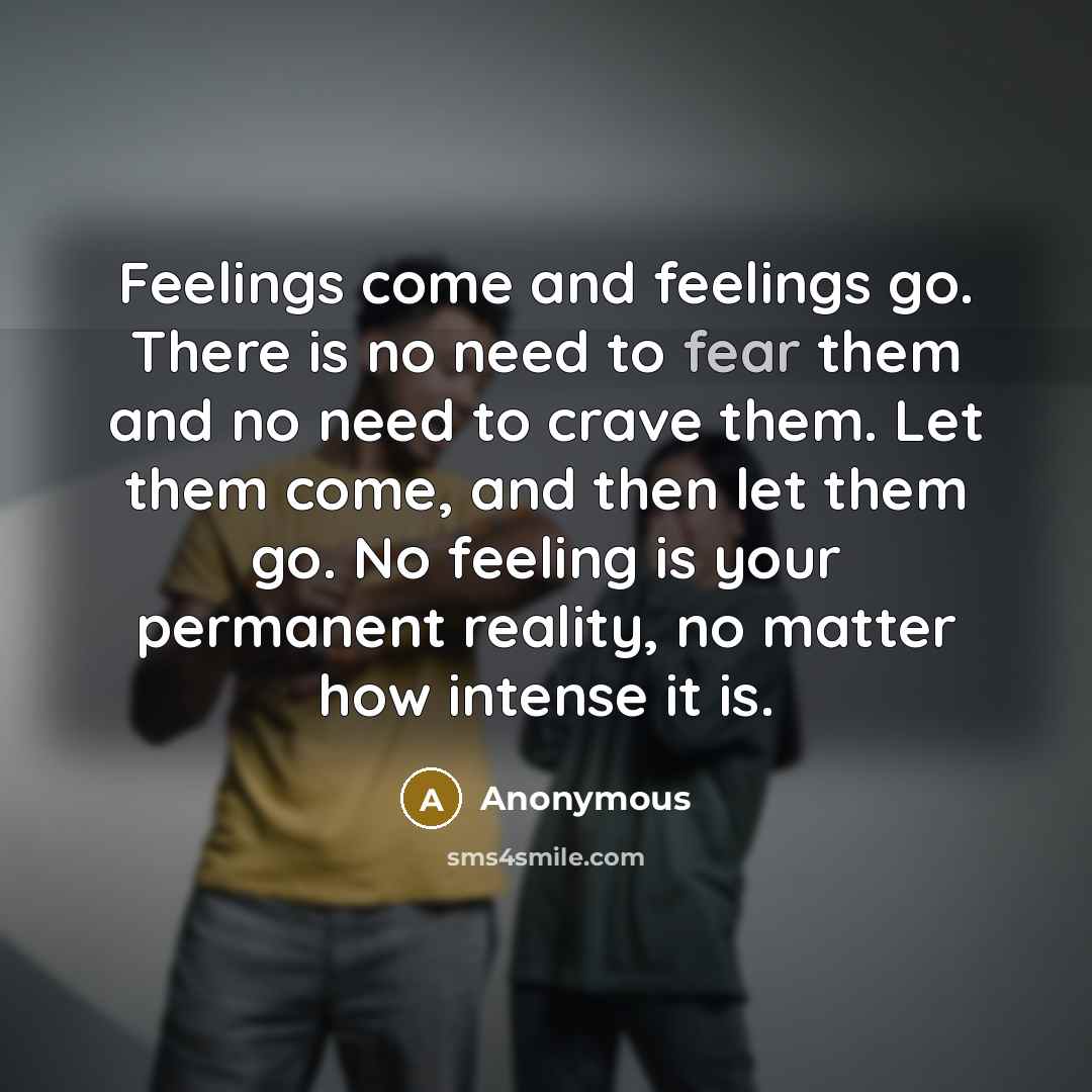 “Feelings come and feelings go. There is no need to fear them and no need to crave them. Let them come, and then let them go. No feeling is your permanent reality, no matter how intense it is.” quote by Anonymous