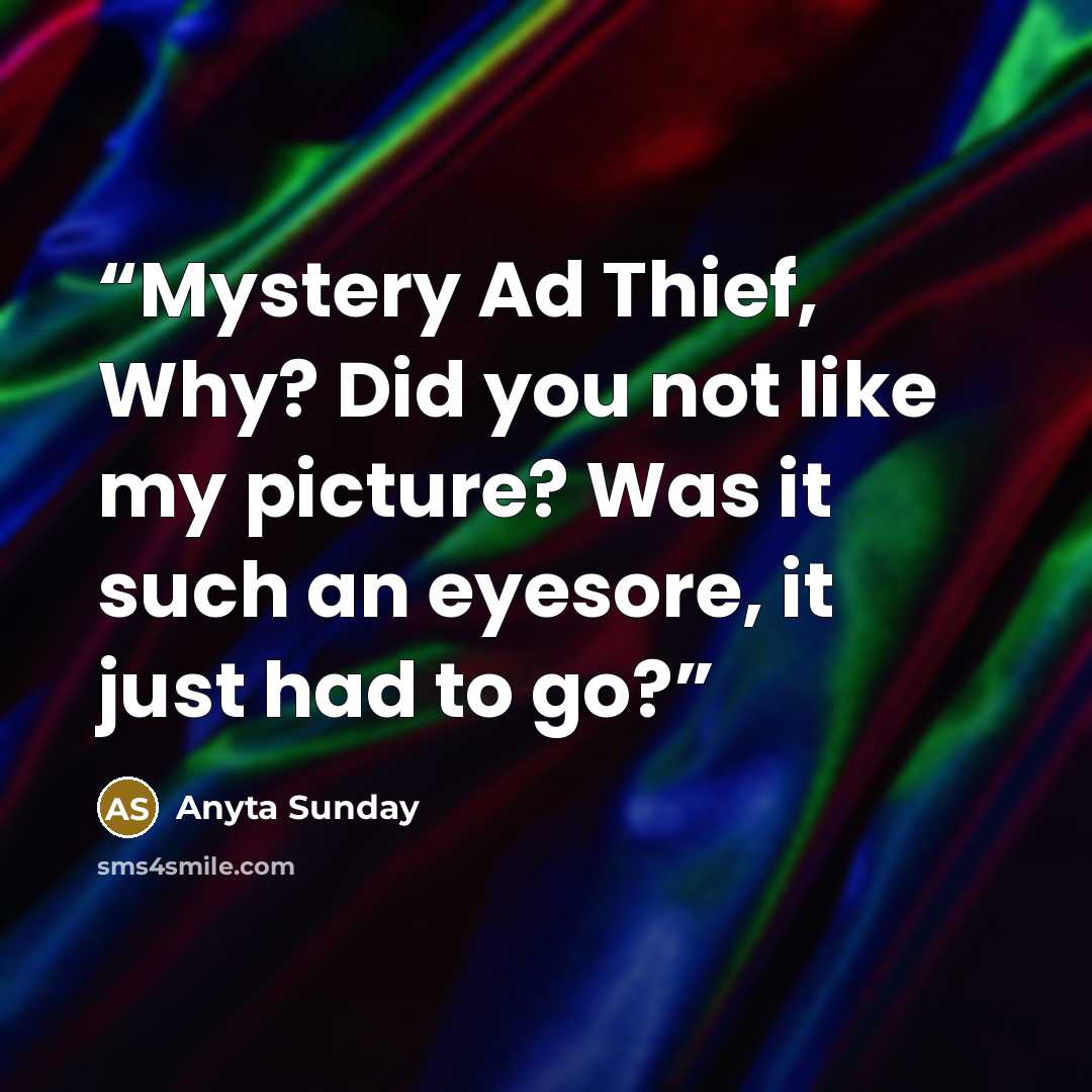 “Mystery Ad Thief, Why? Did you not like my picture? Was it such an eyesore, it just had to go?” quote by Anyta Sunday