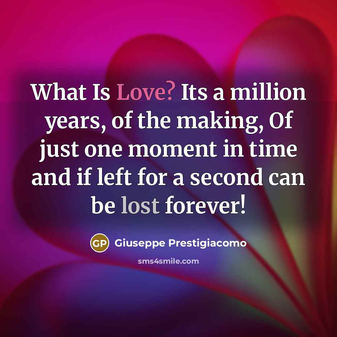 “What Is Love? Its a million years, of the making, Of just one moment in time and if left for a second can be lost forever!” quote by Giuseppe Prestigiacomo