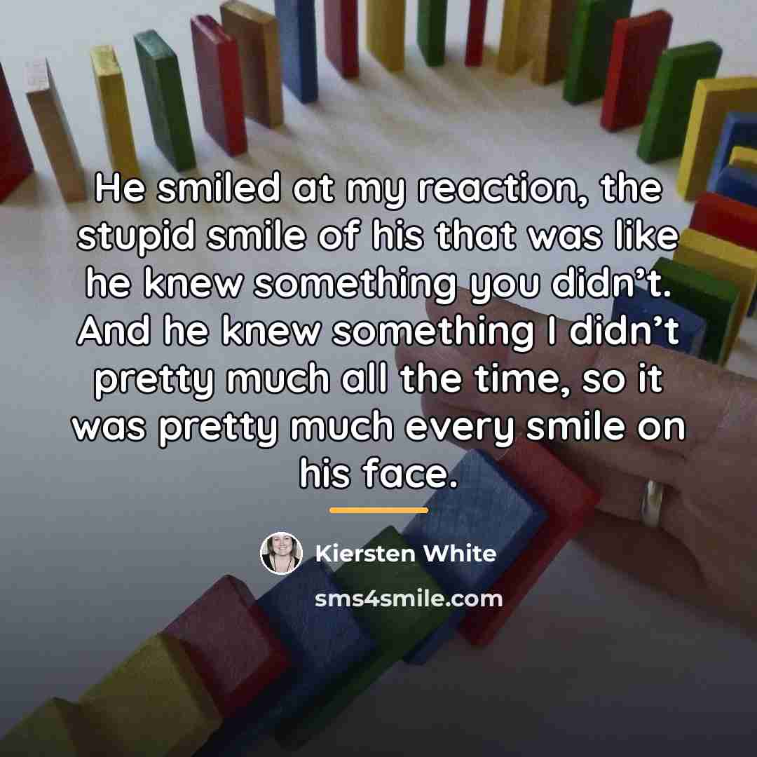 “He smiled at my reaction, the stupid smile of his…” quote by Kiersten White