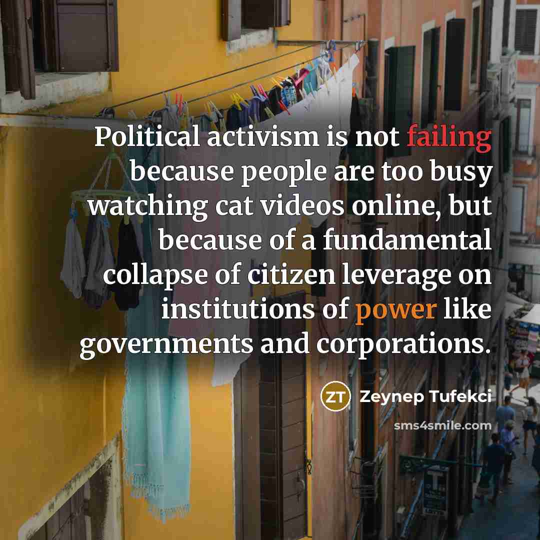 “Political activism is not failing because people are too busy watching cat videos online, but because of a fundamental collapse of citizen leverage on institutions of power like governments and corporations.” quote by Zeynep Tufekci