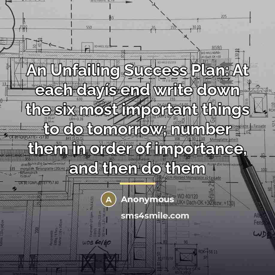 “An Unfailing Success Plan: At each dayís end write down…” quote by Anonymous