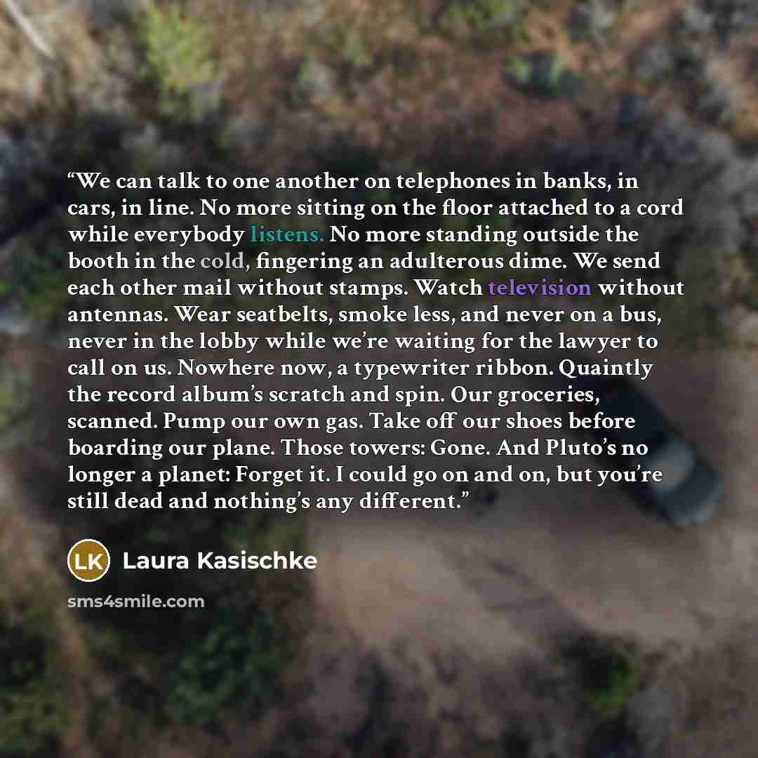 “We can talk to one another on telephones in banks, in cars, in line. No more sitting on the floor attached to a cord while everybody listens. No more standing outside the booth in the cold, fingering an adulterous dime. We send each other mail without stamps. Watch television without antennas…” quote by Laura Kasischke