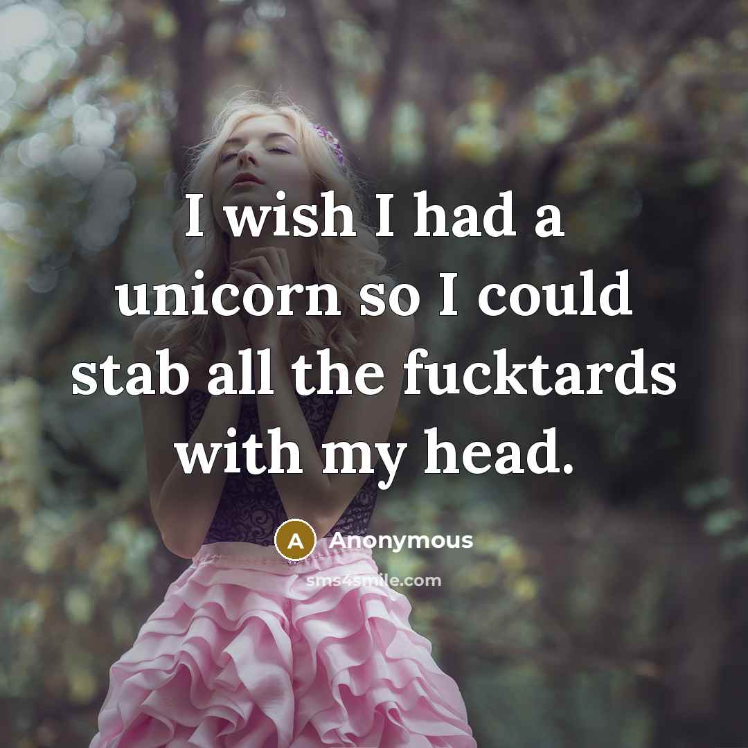 “I wish I had a unicorn so I could stab all the fucktards with my head.” quote by Anonymous