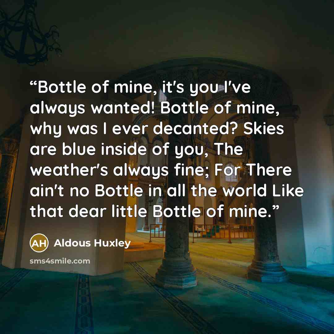 “Bottle of mine, it's you I've always wanted! Bottle of mine, why was I ever decanted? Skies are blue inside of you, The weather's always fine; For There ain't no Bottle in all the world Like that dear little Bottle of mine.” quote by Aldous Huxley