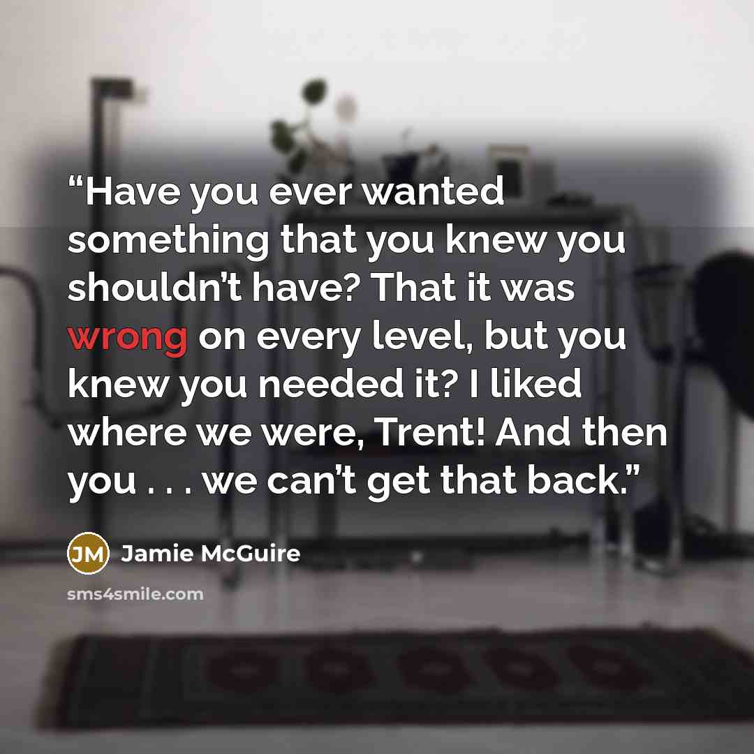 “Have you ever wanted something that you knew you shouldn’t have? That it was wrong on every level, but you knew you needed it? I liked where we were, Trent! And then you . . . we can’t get that back.” quote by Jamie McGuire